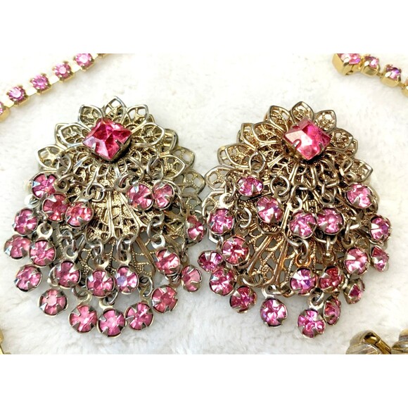 Lot 6 Vintage Pink Rhinestone Jewelry AB Stones Earrings Signed La Roco Necklace - Picture 10 of 15